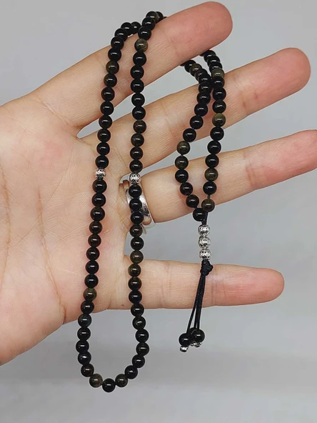 Golden & Siyah Obsidyen Taşı 99luk Tesbih 4mm (24290) - Resim 5