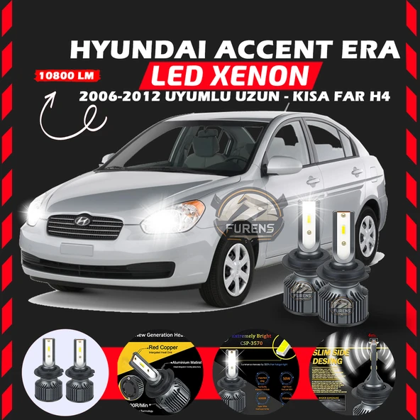 Hyundai Accent Era 2006-2012 Uzun-Kısa Far Uyumlu Şimşek Etkili Led Xenon Premium Series H4