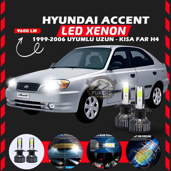 Hyundai Accent Admira 1999-2006 Uzun-Kısa Far Uyumlu Şimşek Etkili Led Xenon Pro Series H4 ürün görseli 1