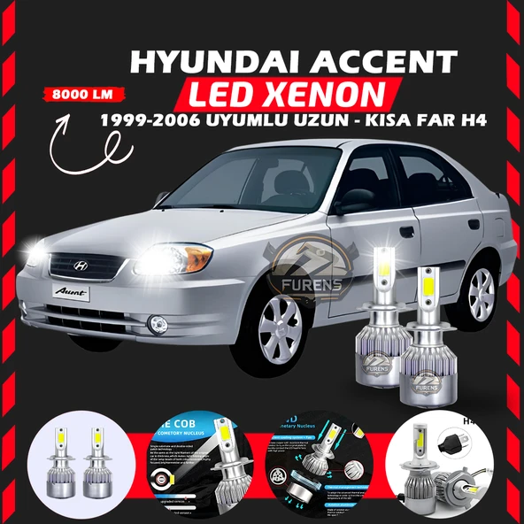 Hyundai Accent Admira 1999-2006 Uzun-Kısa Far Uyumlu Şimşek Etkili Led Xenon Performance Series H4