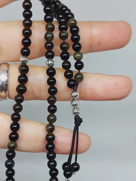 Golden & Siyah Obsidyen Taşı 99luk Tesbih 4mm (24290) - Resim 2