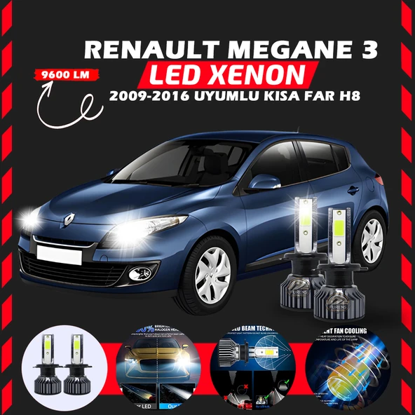 Renault Megane 3 2009-2016 Kısa Far Uyumlu Şimşek Etkili Led Xenon Pro Series H8