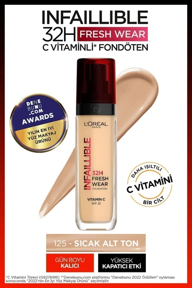 L'Oréal Paris Infaillible 32H Fresh Wear C Vitaminli Fondöten - 125 Natural Beige Kapatıcı ürün görseli 1