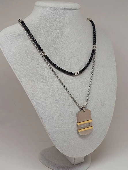 Night Serisi Erkek Doğal Taşlı Çelik Kolye (56018) - Resim 4