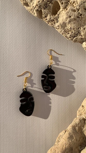 Parlak Siyah Renk Kadın Yüz Şekil Gold Aksesuarlı Epoksi Küpe El Yapımı Hediyelik - 7