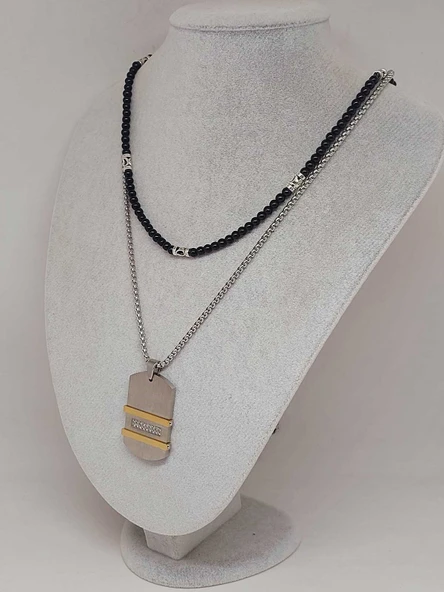 Night Serisi Erkek Doğal Taşlı Çelik Kolye (56018) - Resim 5