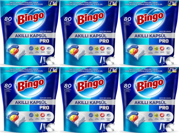 Bingo Akıllı Kapsül Pro Bulaşık Makinesi Deterjanı Tableti 480 Adet Limon Kokulu (6PK*80)