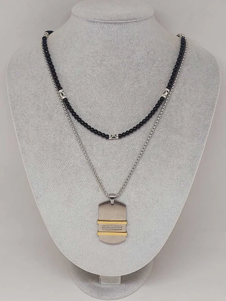 Night Serisi Erkek Doğal Taşlı Çelik Kolye (56018) - Resim 2