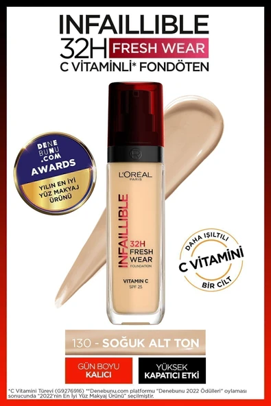 L'Oréal Paris Infaillible 32H Fresh Wear C Vitaminli Fondöten - 130 True Beige Kapatıcı