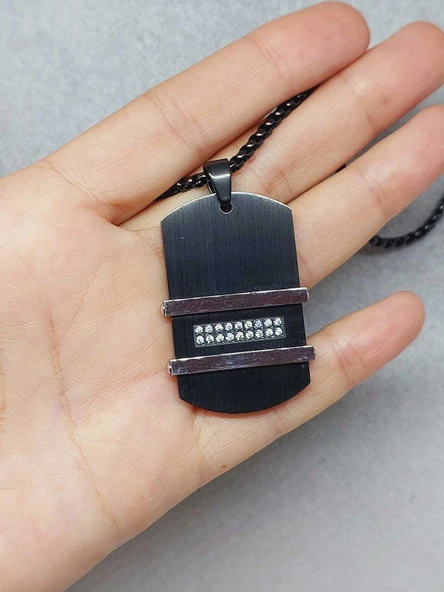 Siyah Taş Detaylı Erkek Çelik Kolye (56024) - 3