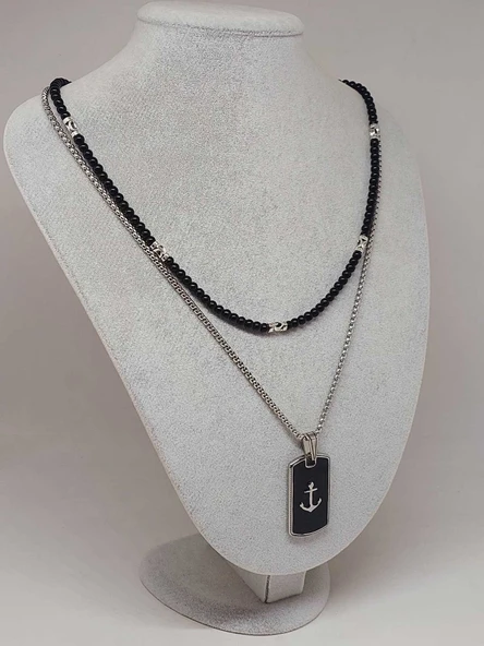 Night Serisi Erkek Doğal Taşlı Çelik Kolye (56020) - Resim 4