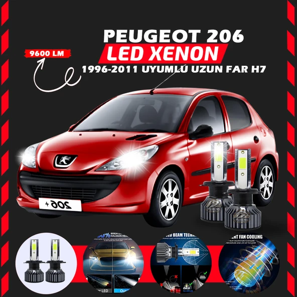 Peugeot 206 1996-2011 Uzun Far Uyumlu Şimşek Etkili Led Xenon Pro Series H7