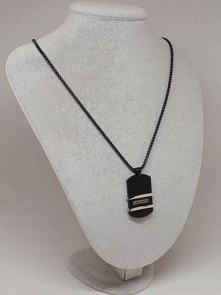 Siyah Taş Detaylı Erkek Çelik Kolye (56024) - 5