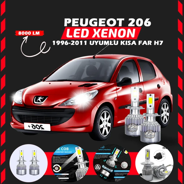 Peugeot 206 1996-2011 Kısa Far Uyumlu Şimşek Etkili Led Xenon Performance Series H7