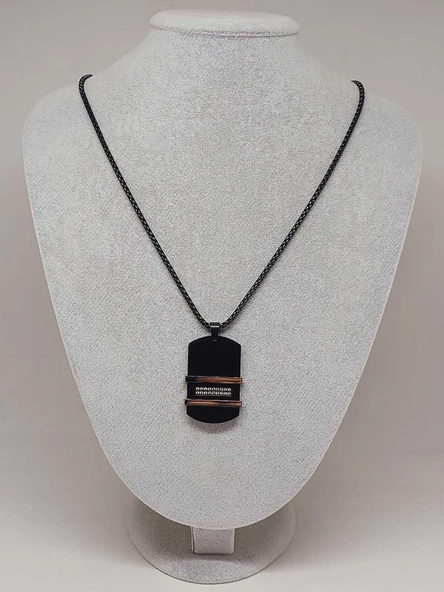 Siyah Taş Detaylı Erkek Çelik Kolye (56024) - 2