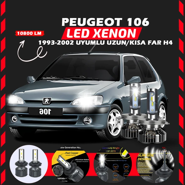 Peugeot 106 1993-2002 Uzun-Kısa Far Uyumlu Şimşek Etkili Led Xenon Premium Series H4