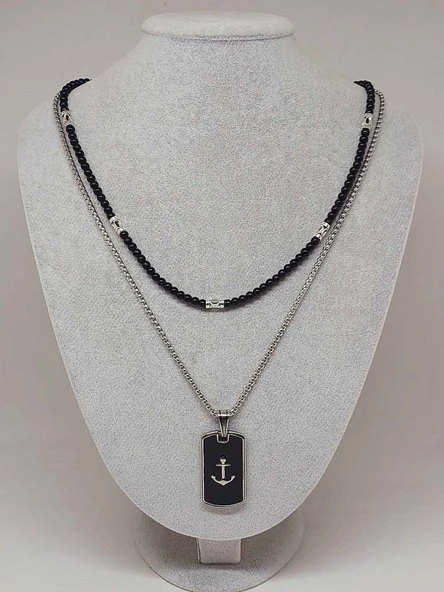 Night Serisi Erkek Doğal Taşlı Çelik Kolye (56020) - Resim 2