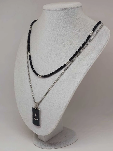 Night Serisi Erkek Doğal Taşlı Çelik Kolye (56020) - Resim 5