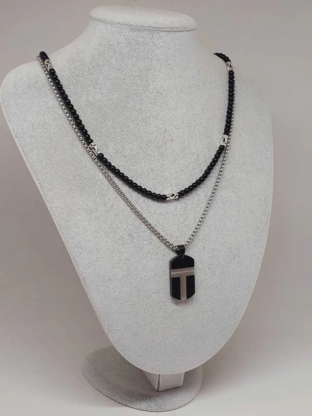 Night Serisi Erkek Doğal Taşlı Çelik Kolye (56026) - Resim 4