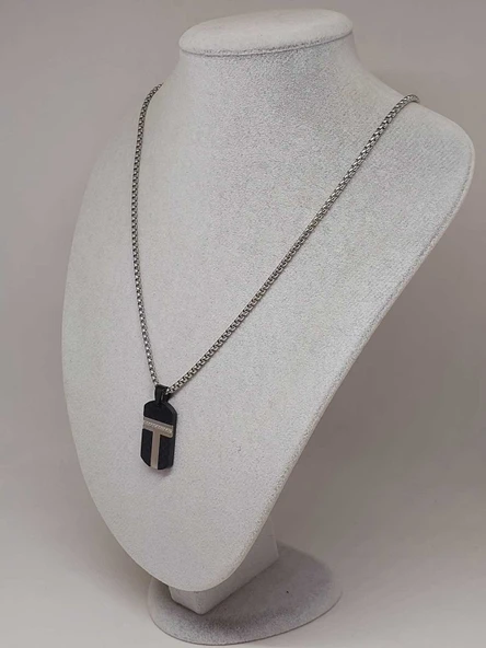 Siyah Desen Taş Detaylı Erkek Çelik Kolye (56026) - Resim 4