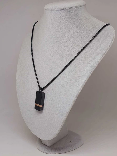 Siyah Desenli Taş Detaylı Erkek Çelik Kolye (56028) - Resim 4