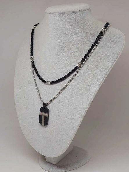 Night Serisi Erkek Doğal Taşlı Çelik Kolye (56026) - Resim 5