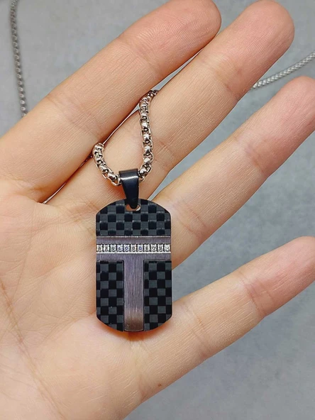 Siyah Desen Taş Detaylı Erkek Çelik Kolye (56026) - Resim 3