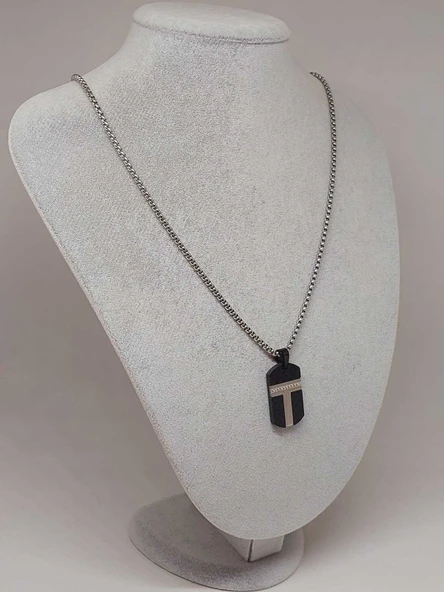 Siyah Desen Taş Detaylı Erkek Çelik Kolye (56026) - Resim 5