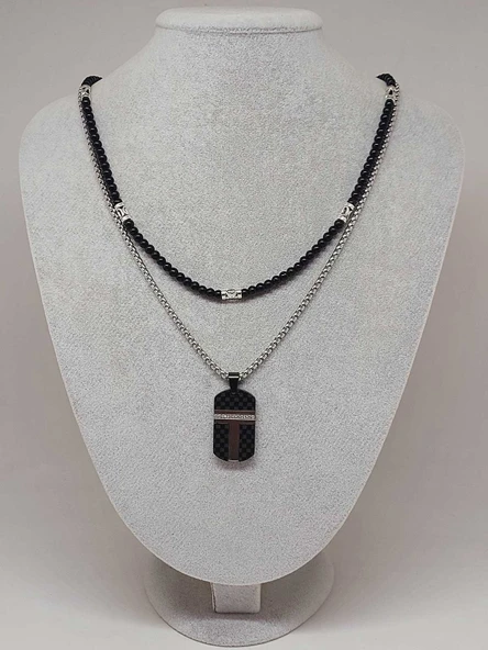 Night Serisi Erkek Doğal Taşlı Çelik Kolye (56026) - Resim 2