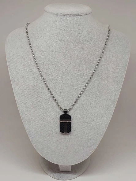 Siyah Desen Taş Detaylı Erkek Çelik Kolye (56026) - Resim 2