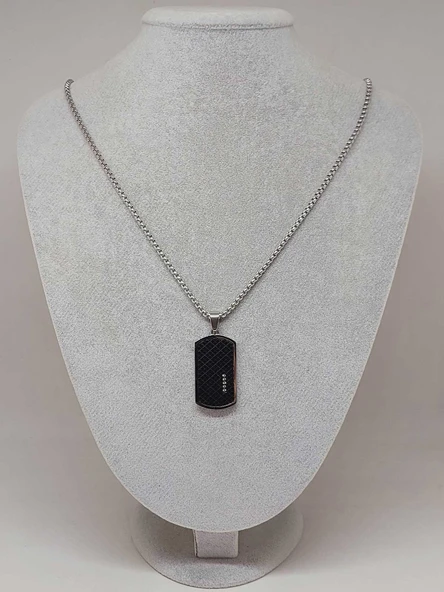 Siyah Dokulu Taş Detaylı Erkek Çelik Kolye (56032) - 2