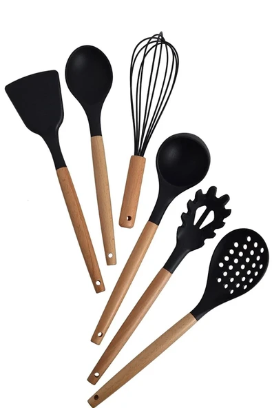 Online Kapında Lüks 6 Parça Yanmaz Yapışmaz Bambu Saplı Silikon Kepçe Spatula Mutfak Pişirme Gereçleri Seti Siyah ürün görseli 1