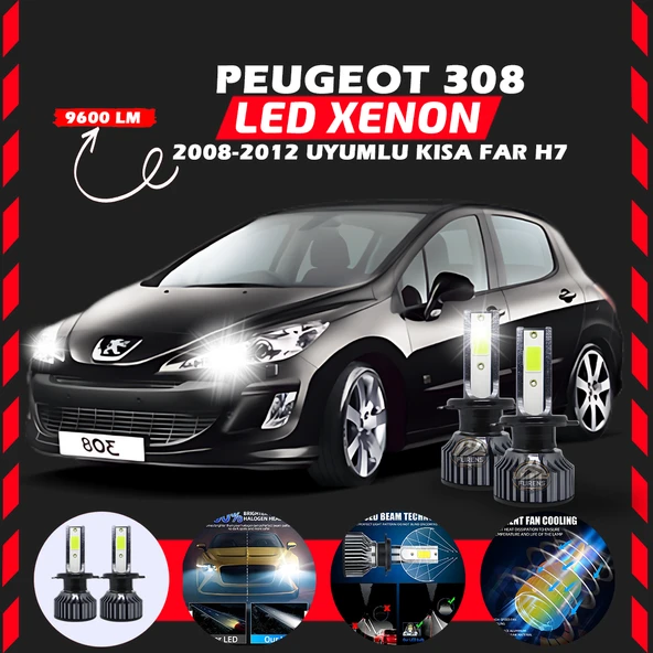 Peugeot 308 2008-2012 Kısa Far Uyumlu Şimşek Etkili Led Xenon Pro Series H7