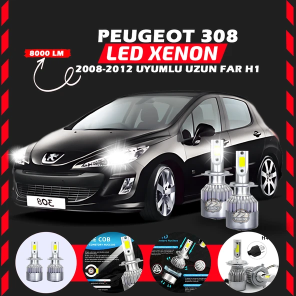 Peugeot 308 2008-2012 Uzun Far Uyumlu Şimşek Etkili Led Xenon Performance Series H1