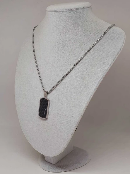 Siyah Dokulu Taş Detaylı Erkek Çelik Kolye (56032) - 5