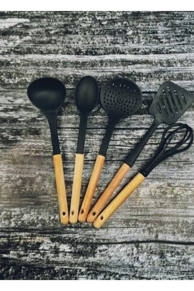 ENES Çizmez Ahşap Saplı Set Kaşık,kepçe,spatula,çırpıcı,kevgir,çizmez Isıya Dayanıklı