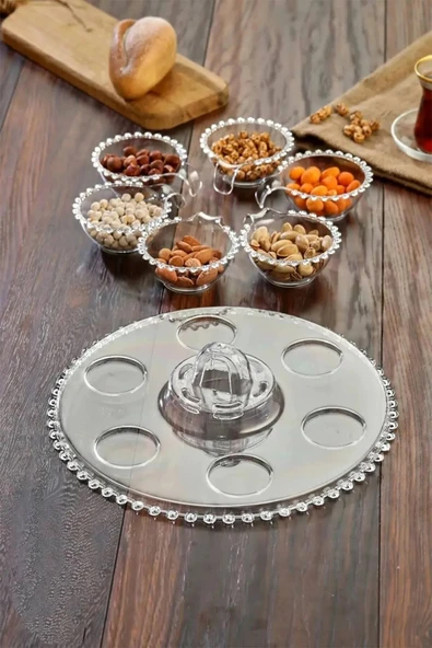 Online Kapında 7 Parça Kristal Lüks Boncuklu Tepsili Sosluk Sunumluk Çerezlik Reçellik Kahvaltılık İkram Takımı - 2