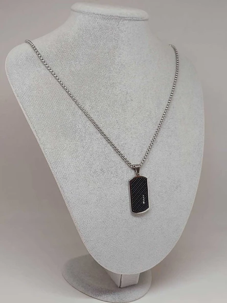 Siyah Dokulu Taş Detaylı Erkek Çelik Kolye (56032) - 4
