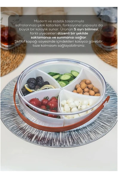 CMshop Kapaklı Kulplu 5 Bölmeli Vakumlu Kahvaltılık/Çerezlik - 2