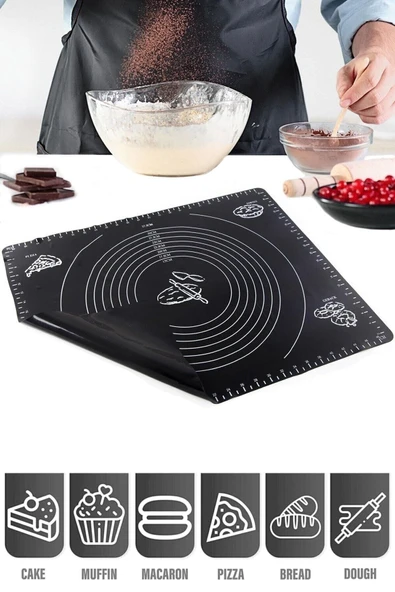HOMELİFE EV TEKSTİL Siyah Büyük Boy Silikon Hamur Açma Matı Silikon Ölçülü Çok Amaçlı Hamur Matı / Örtüsü 40x50 Cm