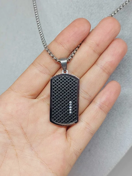 Siyah Dokulu Taş Detaylı Erkek Çelik Kolye (56032) - 3