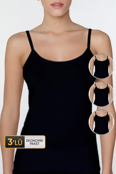Kadın Elastanlı Ip Askılı Siyah Atlet 746 3'lü Ekonomik Paket ürün görseli 1