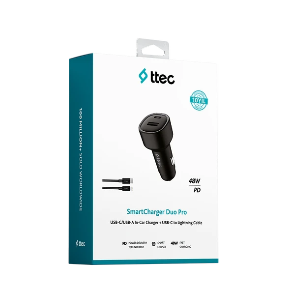 TTEC SmartCharger Duo PD 48W Araç Hızlı Şarj Aleti Lighting+USB-A