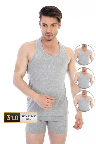 Erkek Elastanlı Spor Gri Atlet 916 3'lü Ekonomik Paket