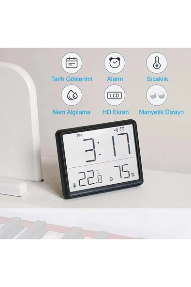 Monozone Pilli LCD Dijital Ekran Mini Saat 9x7 cm Alarm Sıcaklık Nem Göstergesi Ultra İnce Dekoratif  Çok Fonksiyonlu - 6