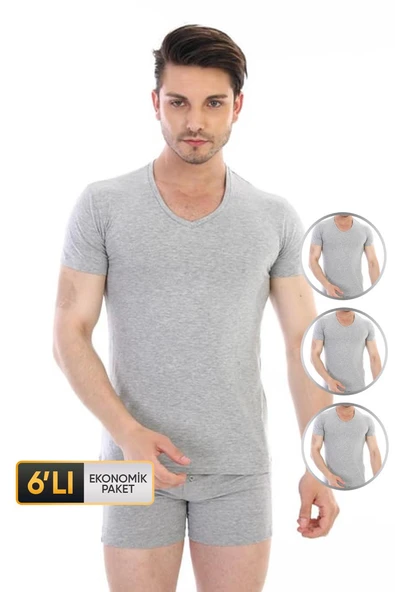 Erkek Elastanlı V Yaka Gri T-shirt 3'lü Ekonomik Paket 956