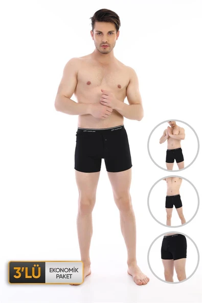 Erkek Elastanlı Biyeli Siyah Boxer Şort 0880 3'lü Ekonomik Paket