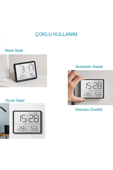 Monozone Pilli LCD Dijital Ekran Mini Saat 9x7 cm Alarm Sıcaklık Nem Göstergesi Ultra İnce Dekoratif  Çok Fonksiyonlu - 7