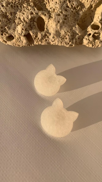 Sedefli Parlak Beyaz Renk Kedi Köpek Yüzü Şeklinde Gümüş Aksesuarlı Epoksi Küpe El Yapımı Hediyelik - 5