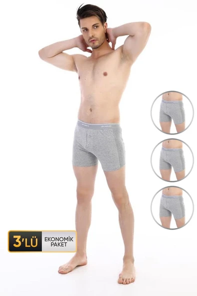 Erkek Elastanlı Biyeli Gri Melanj Boxer Şort 880 3'lü Ekonomik Paket
